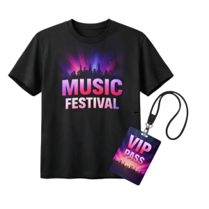 Camisa, credencial, copo com cordão e pulseira personalizados