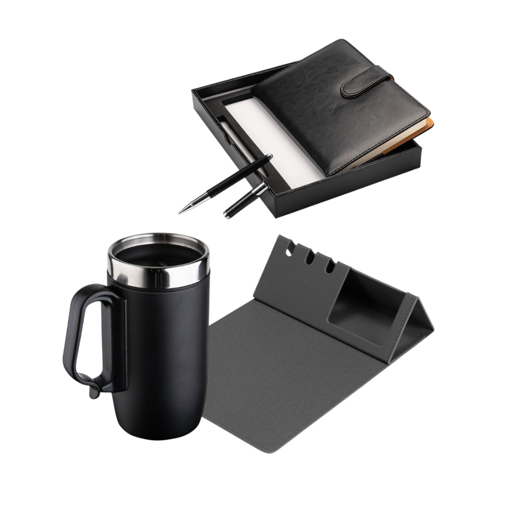 Kit Go Escritório – Porta Caneta com Mouse Pad, Caderneta com Caneta e Caneca Térmica
