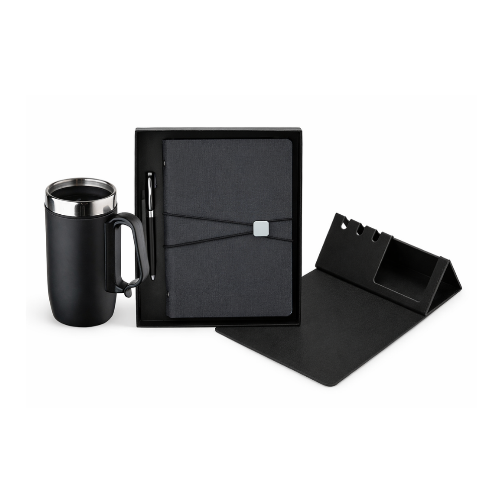Kit Go Escritório – Porta Caneta com Mouse Pad, Caderneta com Caneta e Caneca Térmica