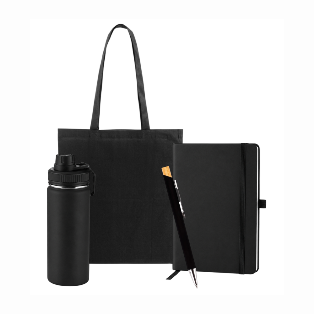 Imagem do produto Kit Essencial composto de sacola, caneta, caderno e garrafa